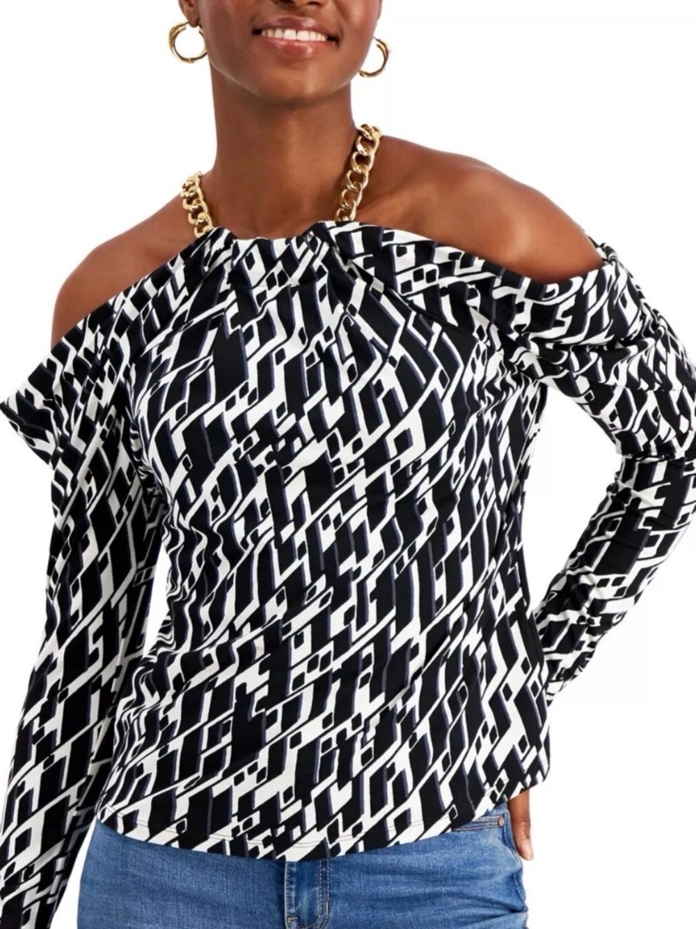 INC INTERNATIONAL CONCEPTS Printed Chain-Strap Top Lee a Geo